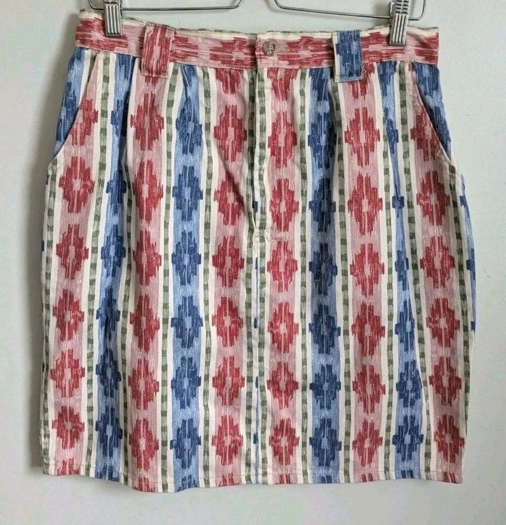 Vintage 80s Western Short Skirt 100% Cotton Aztec Boho Rodeo USA Cowgirl Mini M